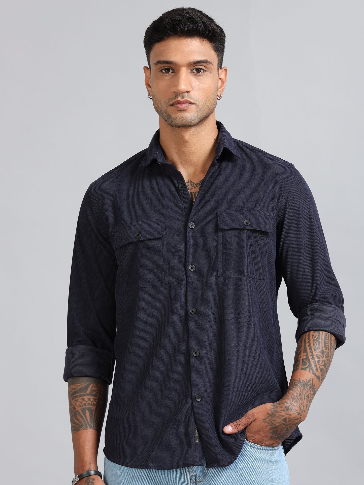 Basel Navy Corduroy Double Pocket Shirt