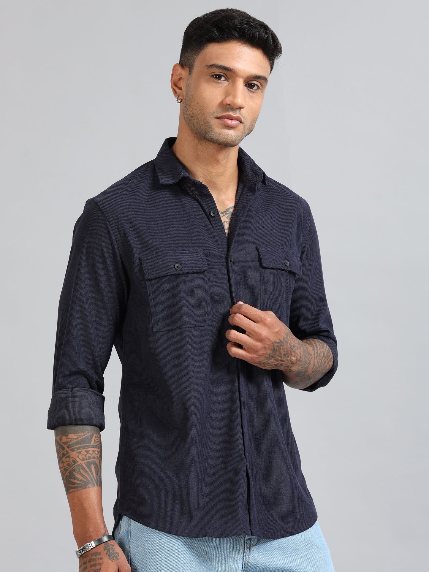 Basel Navy Corduroy Double Pocket Shirt