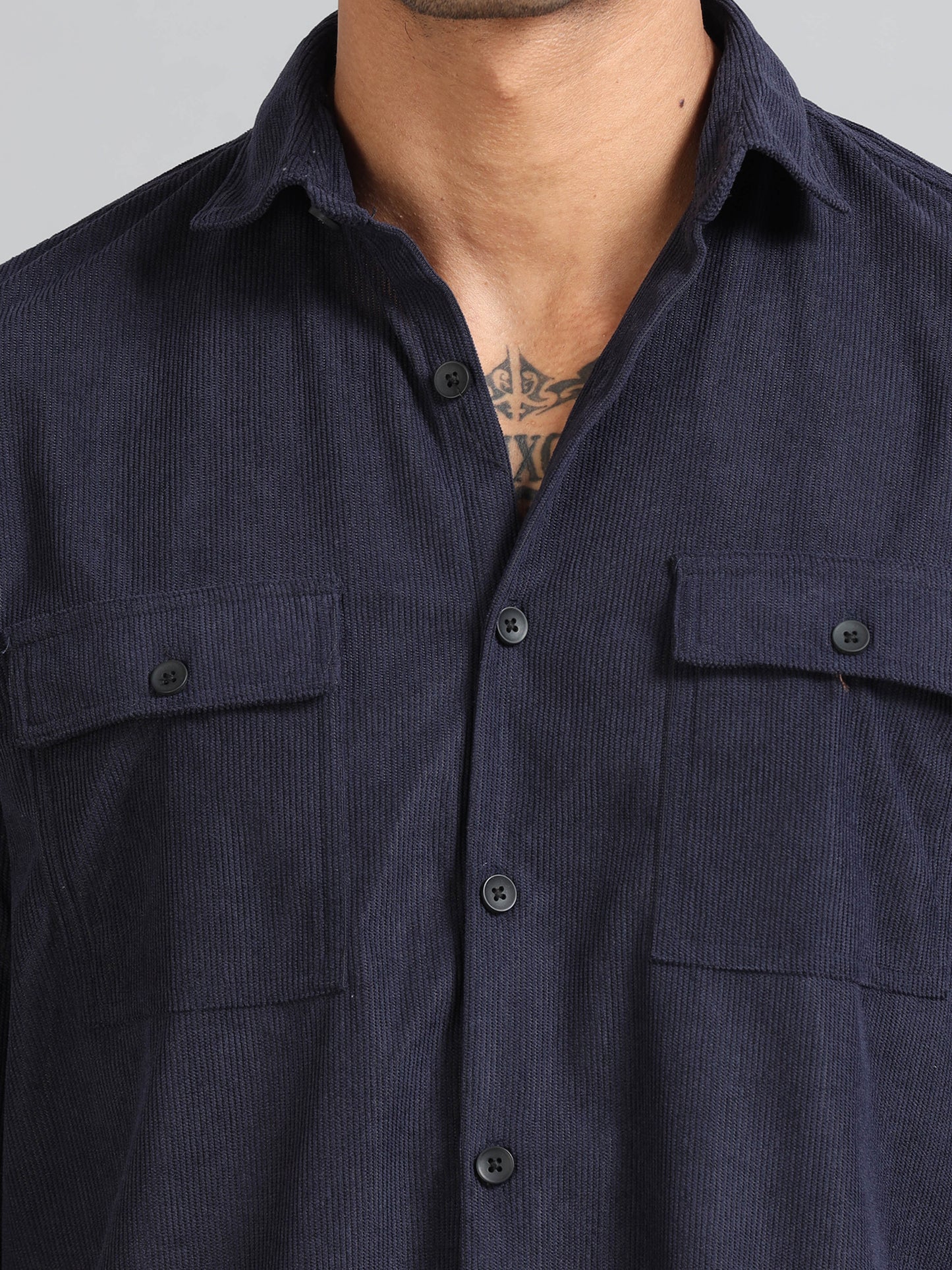 Basel Navy Corduroy Double Pocket Shirt