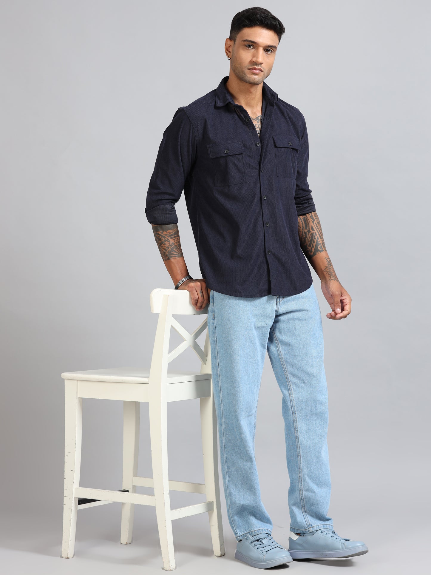 Basel Navy Corduroy Double Pocket Shirt