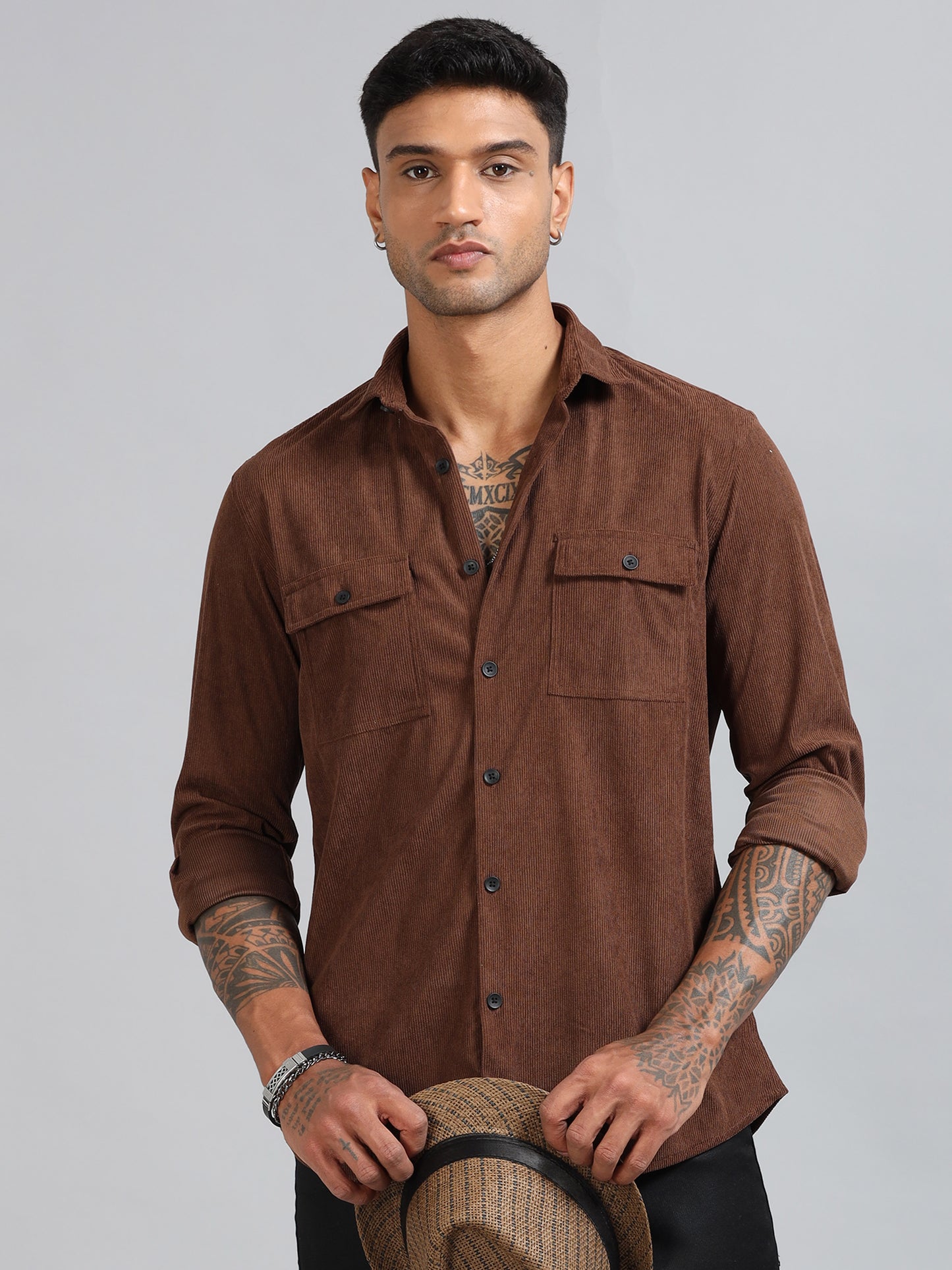 Basel Brown Corduroy Double Pocket Shirt