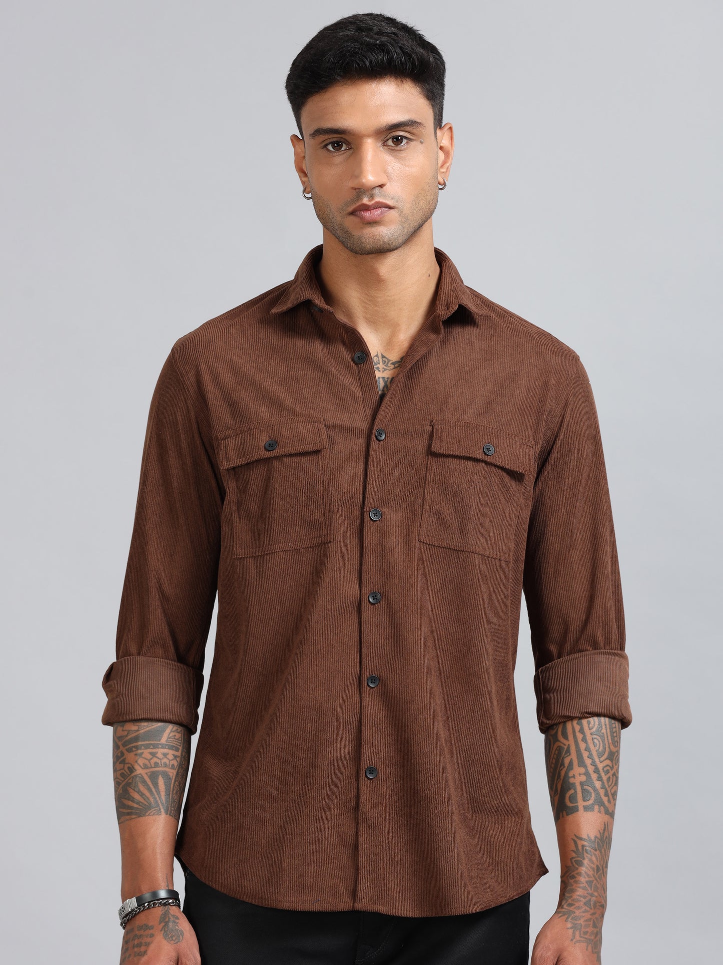 Basel Brown Corduroy Double Pocket Shirt