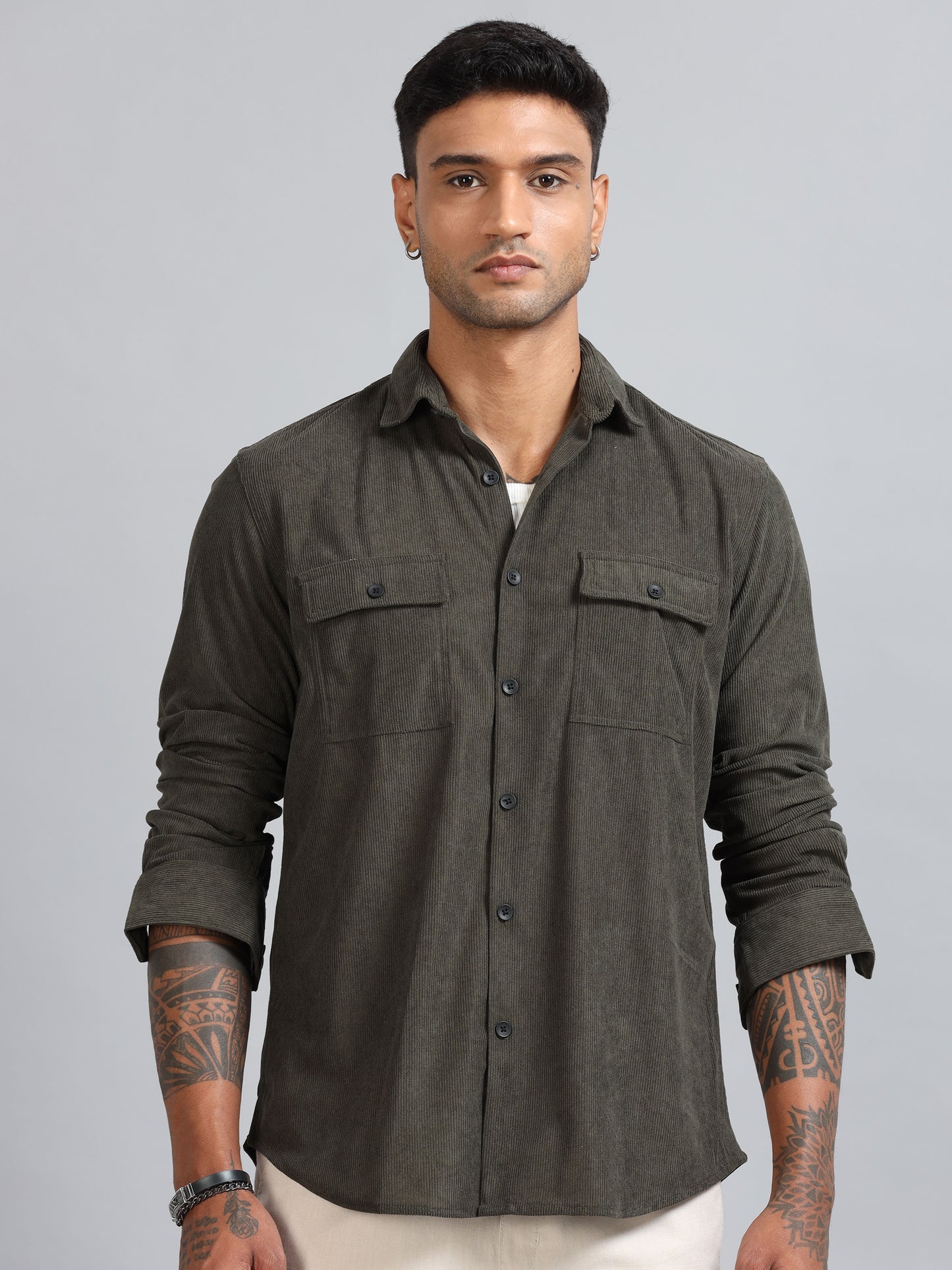 Basel Fuscous Grey Corduroy Double Pocket Shirt