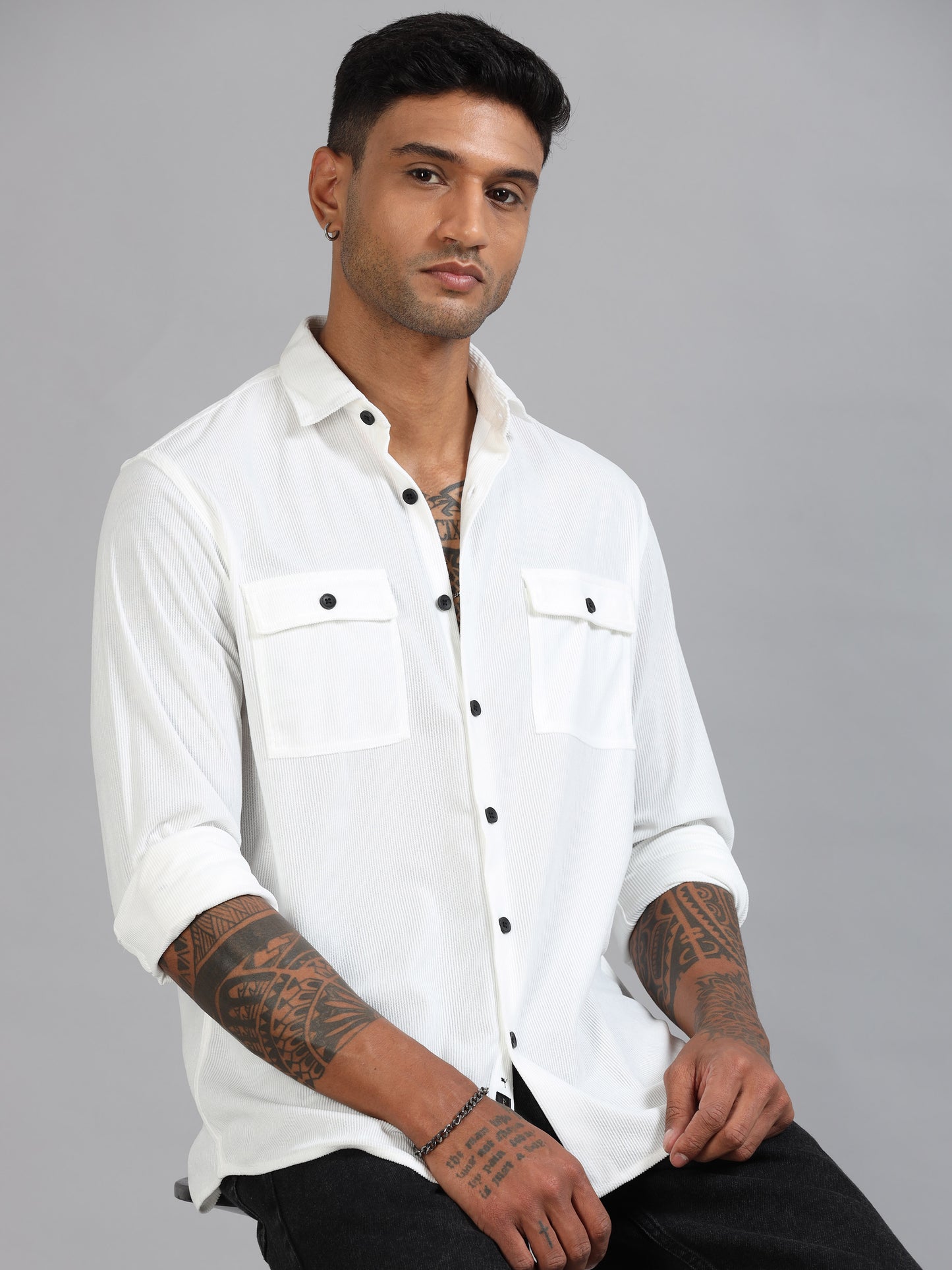 Basel White Corduroy Double Pocket Shirt