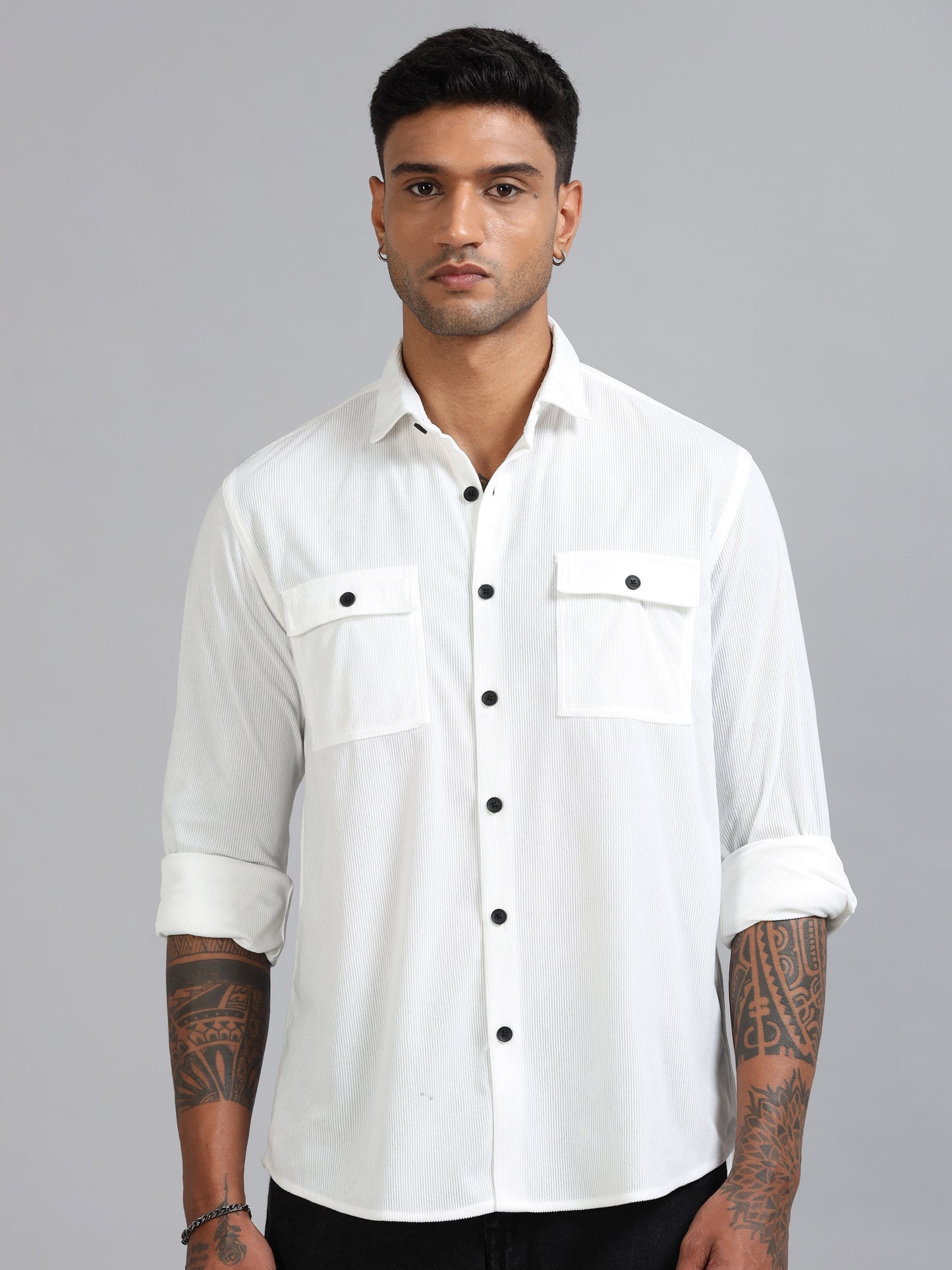 Basel White Corduroy Double Pocket Shirt