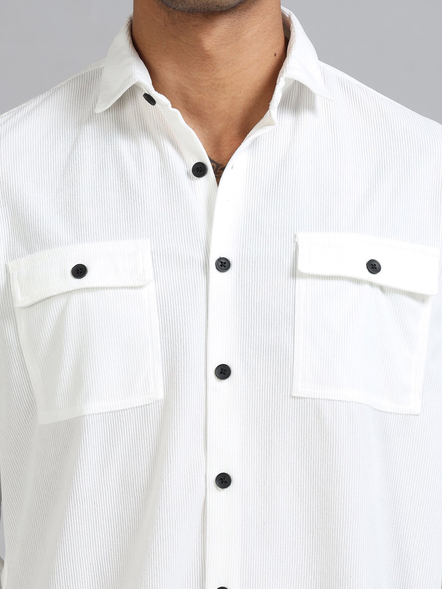 Basel White Corduroy Double Pocket Shirt