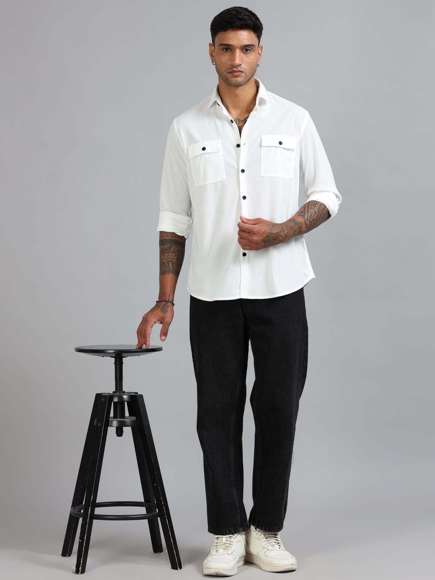 Basel White Corduroy Double Pocket Shirt